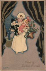 Child with Doll and Holly Sprig - Latvian Christmas Greeting Children Postcard Postcard Postcard