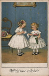 Two Girls in White Dresses, Getting Ready Postcard Postcard Postcard