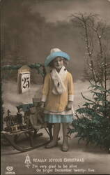 Girl with Toys and Christmas Tree by Sled, December 25th Children Postcard Postcard Postcard