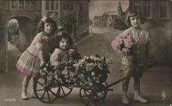 Three Children with Flowers and a Flower Cart Germany Postcard Postcard Postcard