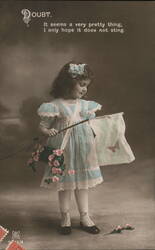 Girl in Blue Dress with Butterfly Net and Flowers Girls Postcard Postcard Postcard