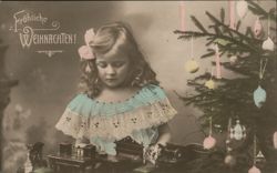 Little Girl with Toy Train under Christmas Tree Children Postcard Postcard Postcard