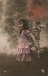 Girl with Birdcage and Dove Birds Postcard Postcard Postcard