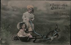 Children with Easter Bunny in Wheelbarrow Postcard