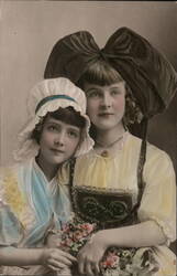 Two Young Girls in Traditional Costumes with Flowers Children Postcard Postcard Postcard