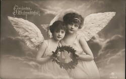 Two Angels with Wreath, German Christmas Greeting Postcard Postcard Postcard