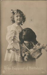 Girl with Spaniel & Flower Basket: "Happiest of Birthdays" Postcard