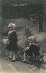 Two Girls with Sled in Snowy Scene, Froliche Weihnachten Children Postcard Postcard Postcard