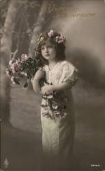 Little Girl with Flowers and Floral Crown, Happy Birthday Postcard