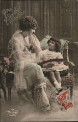 Mother and Daughter with a Fan, Sincere Affection Postcard Children Postcard Postcard