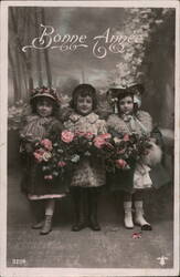 Three Children with Rose Bouquets, Bonne Année Greeting Postcard Postcard Postcard