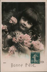 Little Girl with Bouquet of Pink Roses, Bonne Fête Greeting Girls Postcard Postcard Postcard