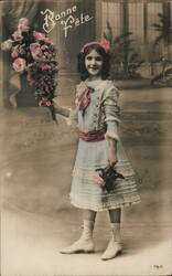 Girl with Flowers, Bonne Fête French Postcard Girls Postcard Postcard