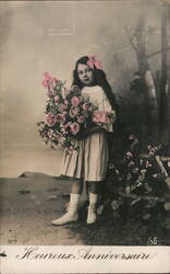 Girl with Pink Roses, Happy Birthday Postcard Postcard