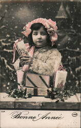 Girl with Pink Bonnet and Gifts, Bonne Année Children Postcard Postcard Postcard