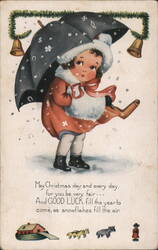 Little Girl with Umbrella in Snow, Christmas Greetings Children Postcard Postcard Postcard