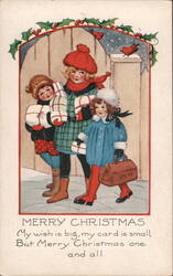 Children with Christmas Gifts and Red Bird Postcard Postcard Postcard