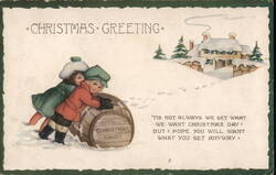 Children Rolling Christmas Candy Barrel, Winter Scene Postcard Postcard Postcard