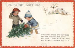 Two Boys Dragging a Christmas Tree Through the Snow Children Postcard Postcard Postcard