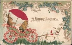 Happy Easter Greeting: Bunny, Chick, and Goat in Flower Cart Postcard Postcard Postcard