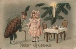 Christmas Girl with Pine Cone Figure, Table Setting Children Postcard Postcard Postcard