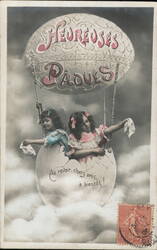 Two Girls in Easter Egg Hot Air Balloon, French Postcard Postcard