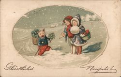 Children with Pig in Snowy Winter Scene, New Year's Greeting Postcard