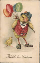 Dressed Chick with Balloons & Little Chick, Froliche Ostern (Happy Easter) Postcard