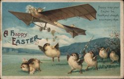 Happy Easter Chicks and Biplane Postcard