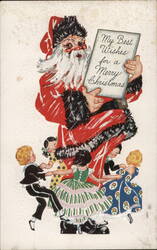 Santa Claus with Merry Christmas Sign and Dancing Children Postcard Postcard Postcard