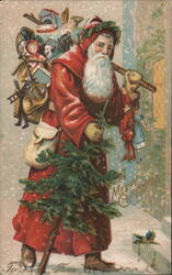 Santa Claus Delivering Christmas Tree and Toys Postcard