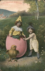 Children with Giant Easter Egg and Chick Postcard