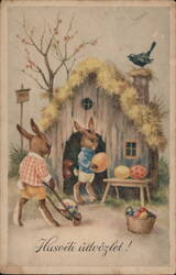 Easter Bunnies Delivering Colorful Eggs With Bunnies Postcard Postcard Postcard