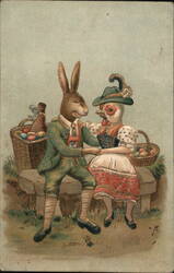 Anthropomorphic Easter Bunny and Hen in Traditional German Dress With Bunnies Postcard Postcard Postcard