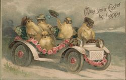 Baby Chicks in Floral-Adorned Car: Happy Easter Postcard Postcard Postcard