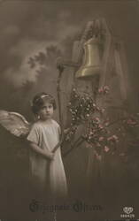 Angel Girl with Easter Bell and Flowers, German Easter Greeting Postcard