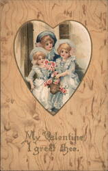 Three Little Girls with Roses, Valentine's Day Greeting Children Postcard Postcard Postcard