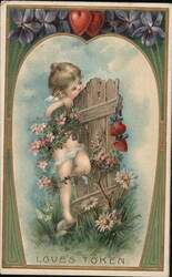 Cherubic Cupid Hiding Behind Fence with Hearts - Valentine's Day Postcard