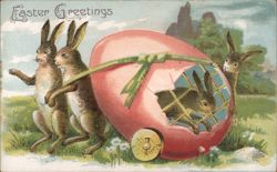 Easter Bunnies Delivering a Friend in a Giant Egg Carriage With Bunnies Postcard Postcard Postcard