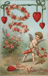 Cherubic Cupid with Arrows and Floral Wreath, Valentine's Day Greeting Postcard