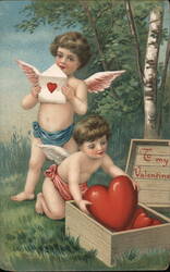 Cupids with Valentine's Day Hearts and Letter Postcard