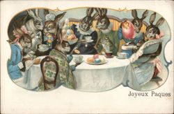 Anthropomorphic Rabbits Enjoying Easter Tea Party With Bunnies Postcard Postcard Postcard