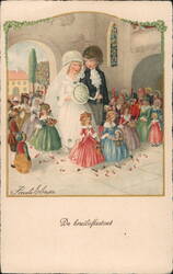 Charming Children's Wedding Procession Illustration Postcard