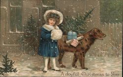 Girl with Dog and Gifts in Snowy Scene, Joyful Christmas Children Postcard Postcard Postcard