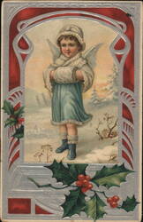 Angelic Christmas Greetings: Child Angel in Winter Scene Postcard