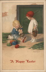 Two Children with Easter Rabbits and Eggs Postcard