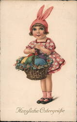 Little Girl with Easter Basket and Bunny Ears Postcard