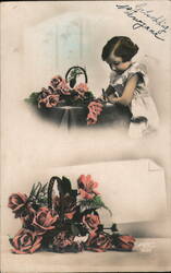 Young Girl Writing at Table with Roses, Basket of Roses Girls Postcard Postcard Postcard