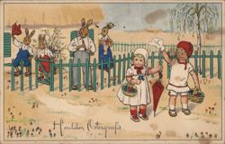 Whimsical Easter Rabbits and Children with Baskets and Umbrella Postcard