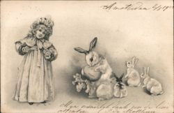 Little Girl with Easter Bunnies and Heart-Shaped Basket Postcard